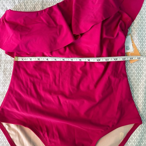 Kona Sol One-Shoulder Ruffle Swimsuit in Magenta Size Large 12 - 14 - Picture 2 of 5